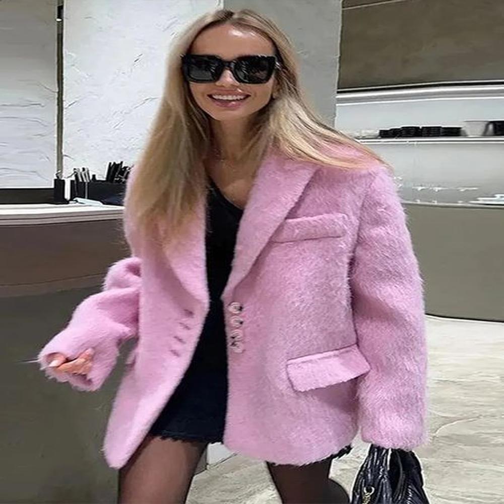 mohair woolen plush lapel womens suit coat casual loose long