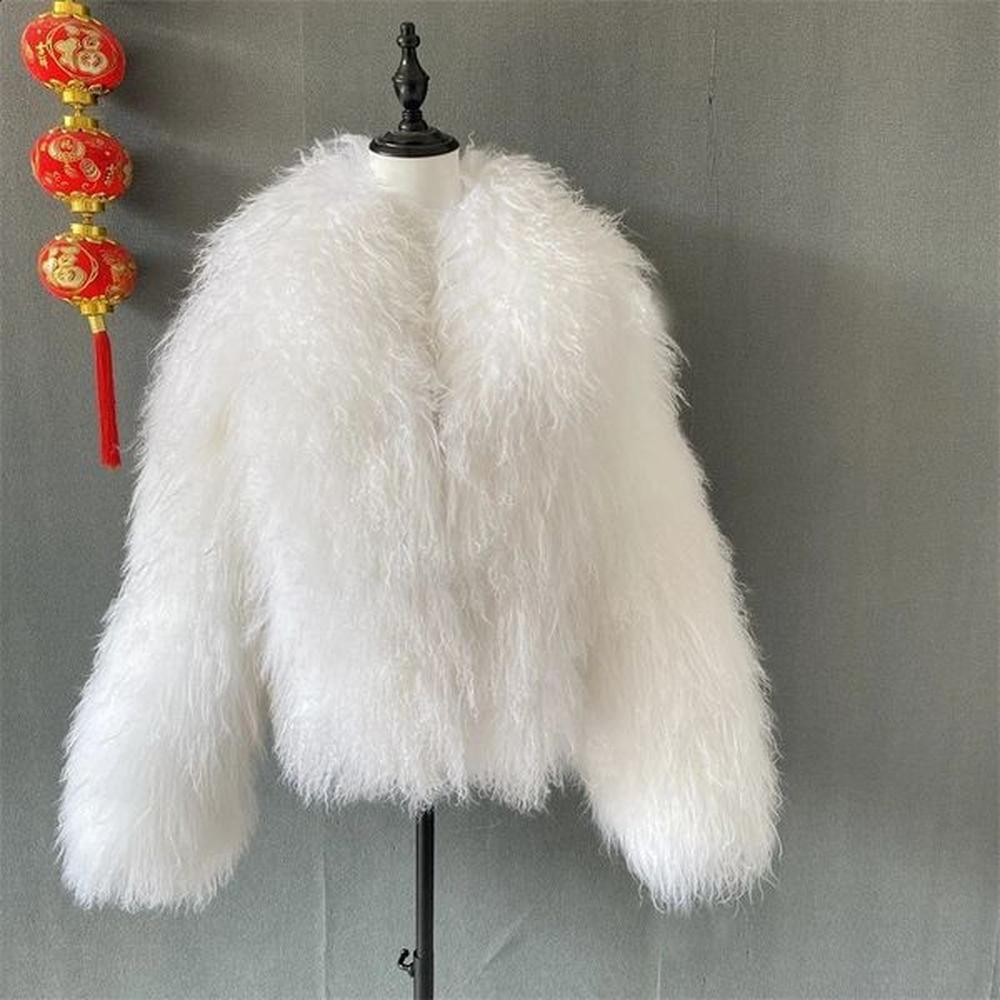 mongolian fur coat fur lapel jacket womens elegant white fluffy