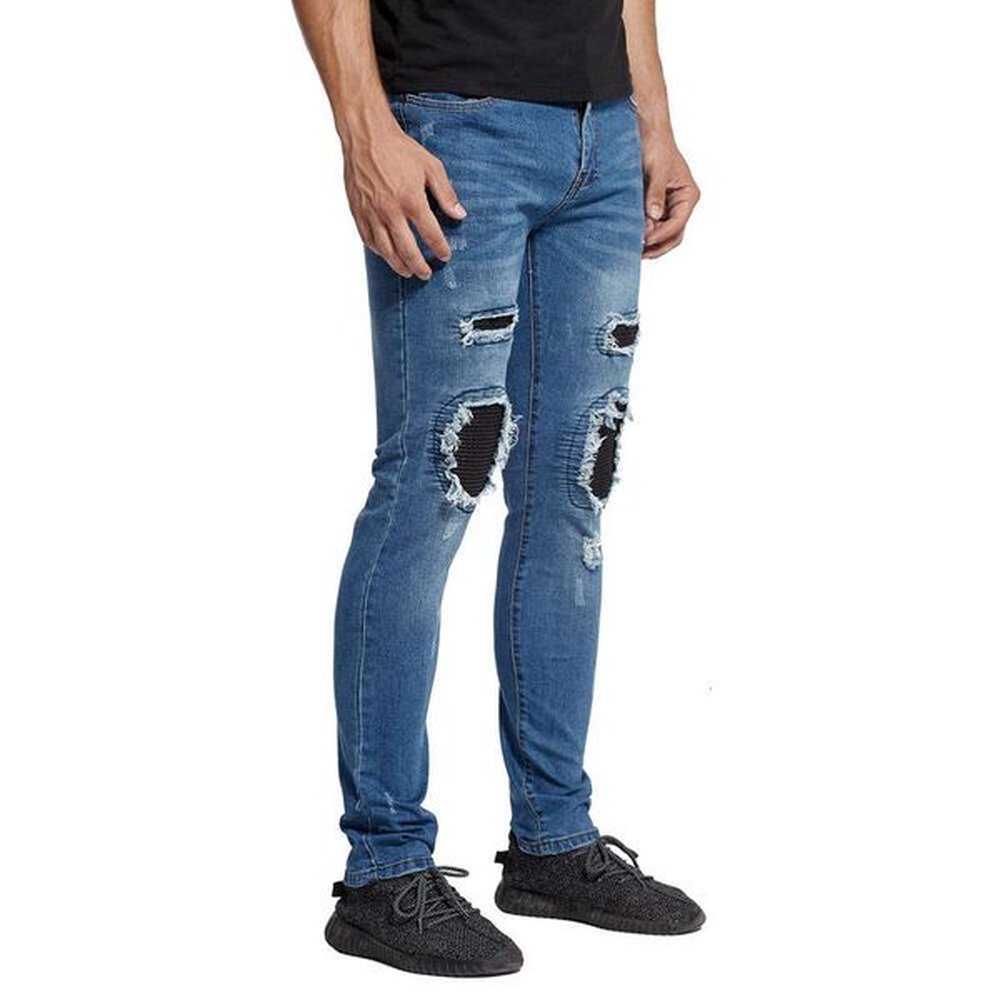Motorcycle men's with leather pleats, star style Biker elastic distressed jeans M524 52
