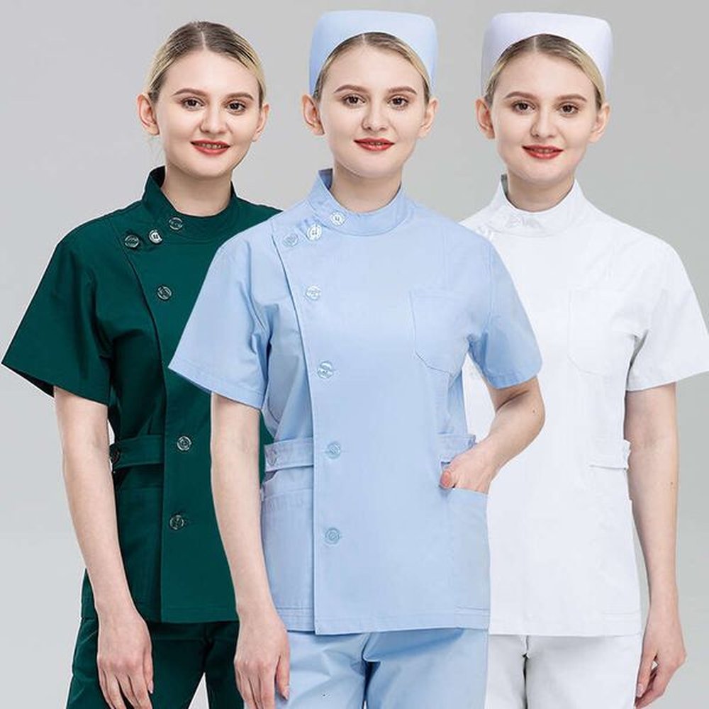 multi colored nurse uniform with side buttons for easy on