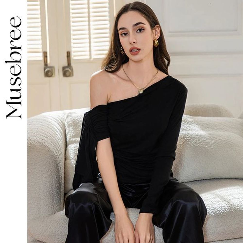 musebree womens irregular half shoulder tshirt womens tshirt black ultra