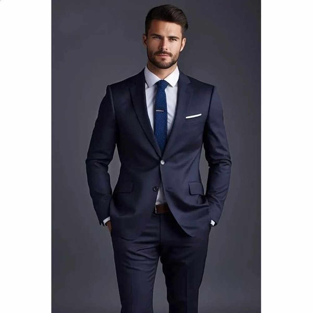 Navy Blue Solid Men Suits Fashion Notch Lapel Single Breasted Piece Jacketpants Business Casual Office Daily Suit Clothing