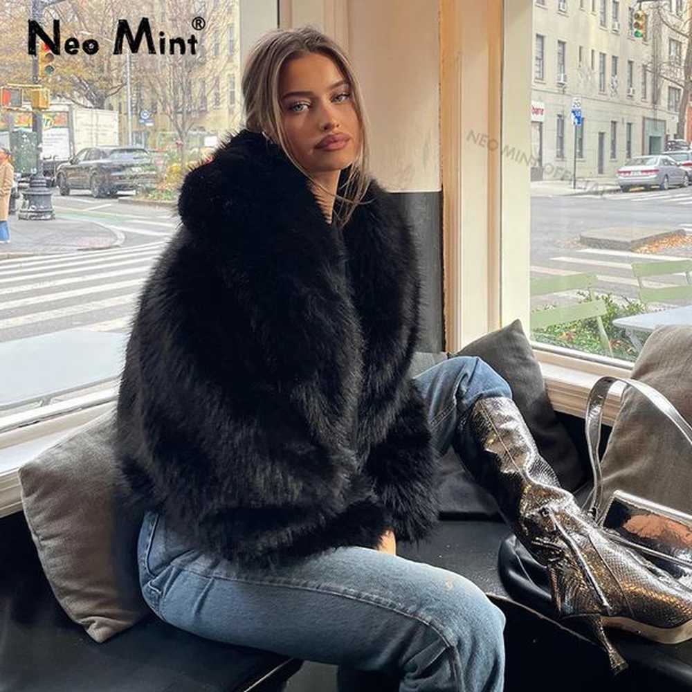 neo mint street fashion shawl collar faux fur coat women
