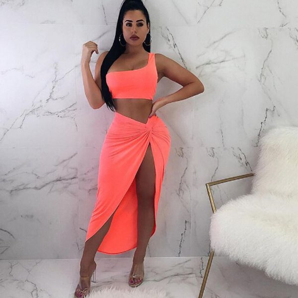neon color two piece set for women one shoulder tops