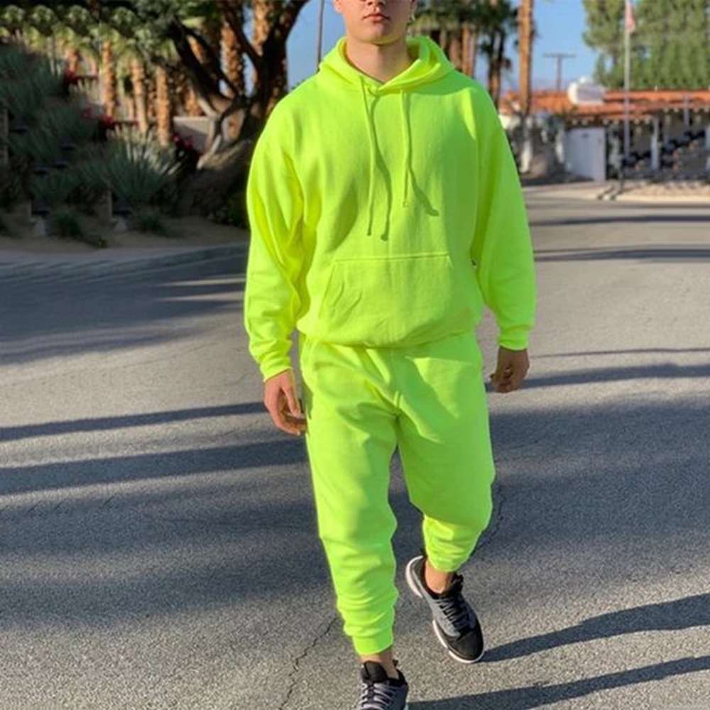 Neon Green Style Mens Fashion Tracksuit Solid 2 Pieces Long Sleeve HoodyLoose Swearpants Casual Sportsuit Men 2024 est OMSJ 250110