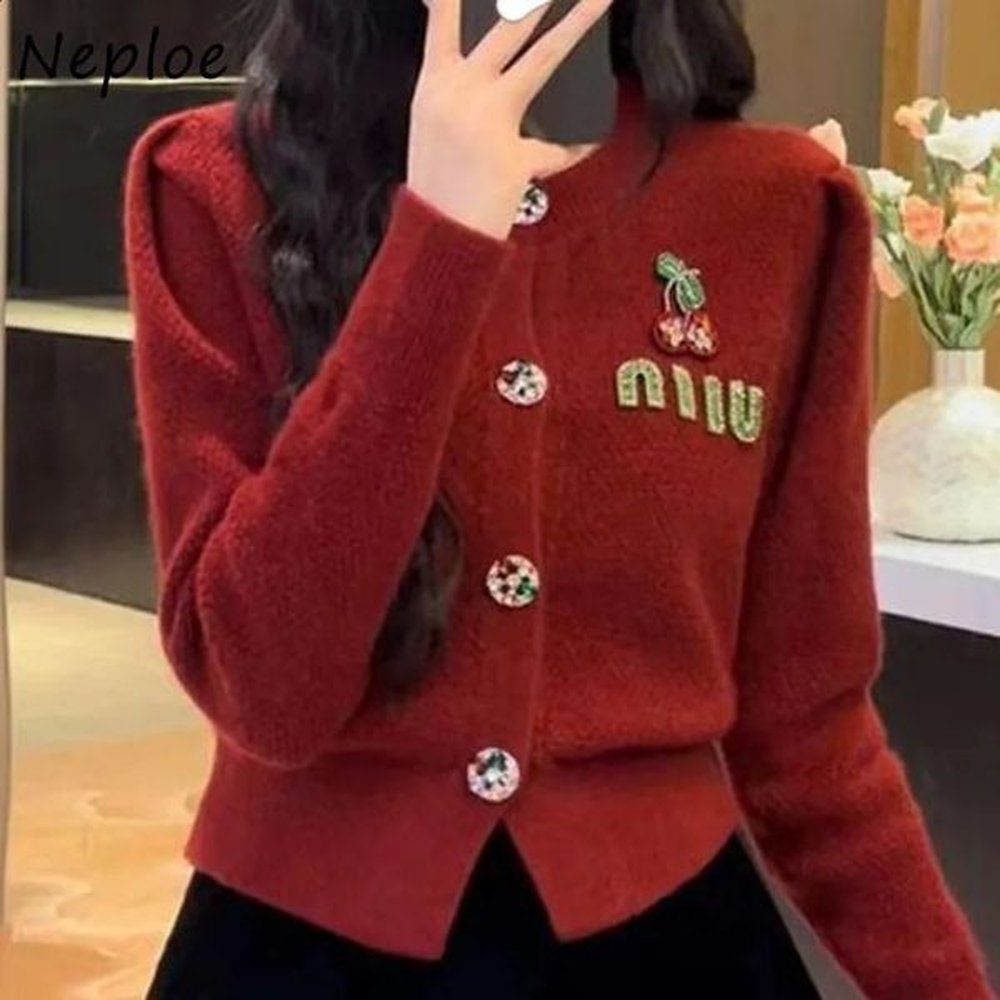 neploe year red cherry letter embroidery sweater coat spring autumn