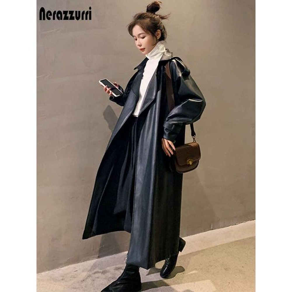 nerazzurri spring black oversized waterproof leather trench coat for women