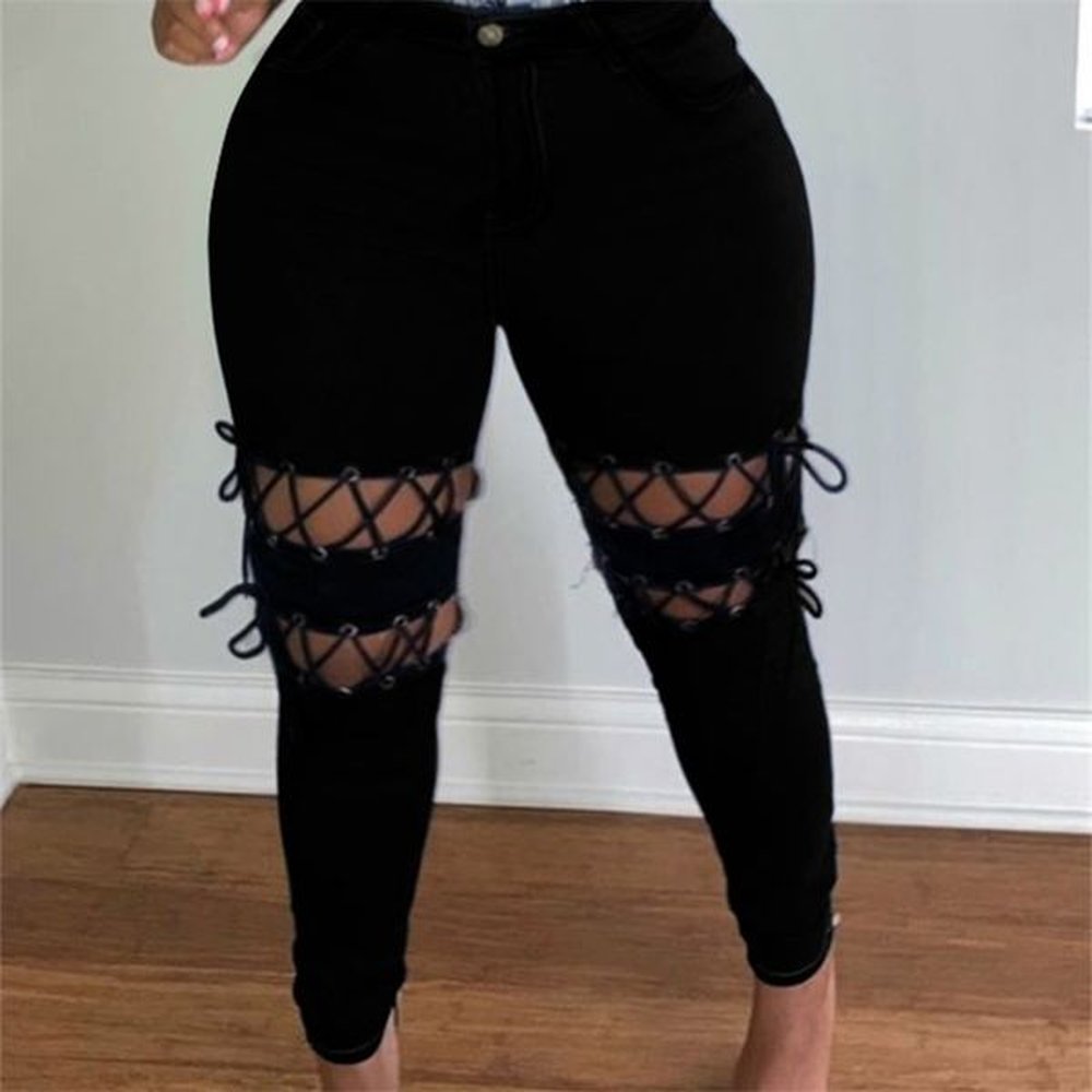 new arrivals women laceup jeans holes hollow out fashion plus