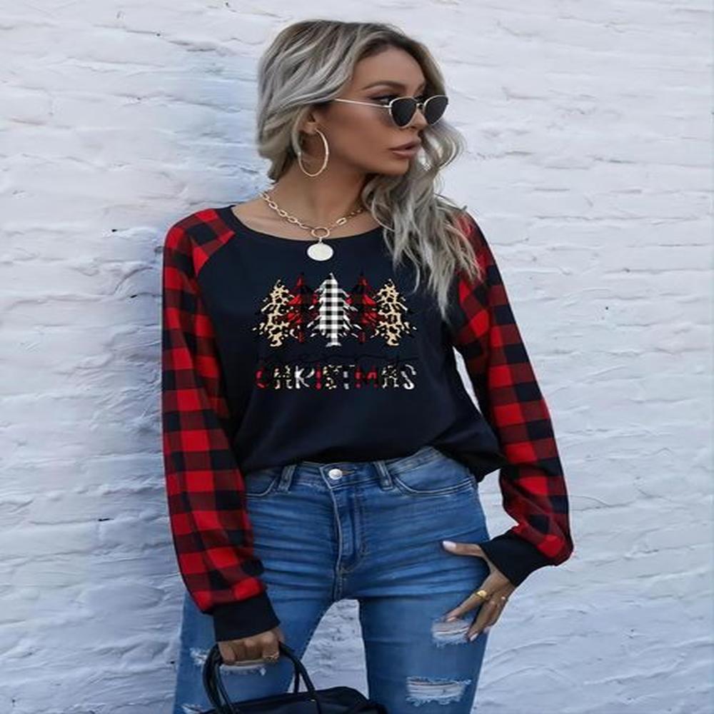 new autumn womens plaid shoulder long sleeved christmas tree printed