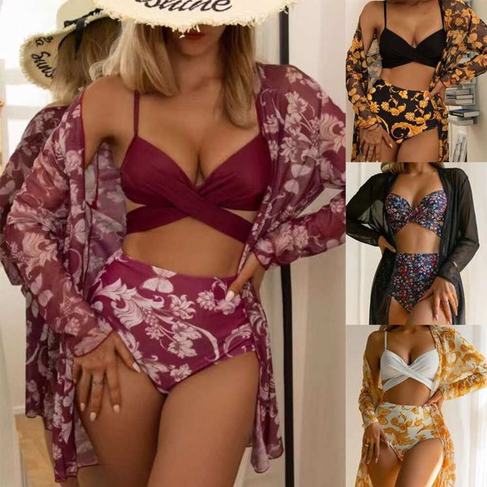 new bikini gathering sexy mesh three piece set with split