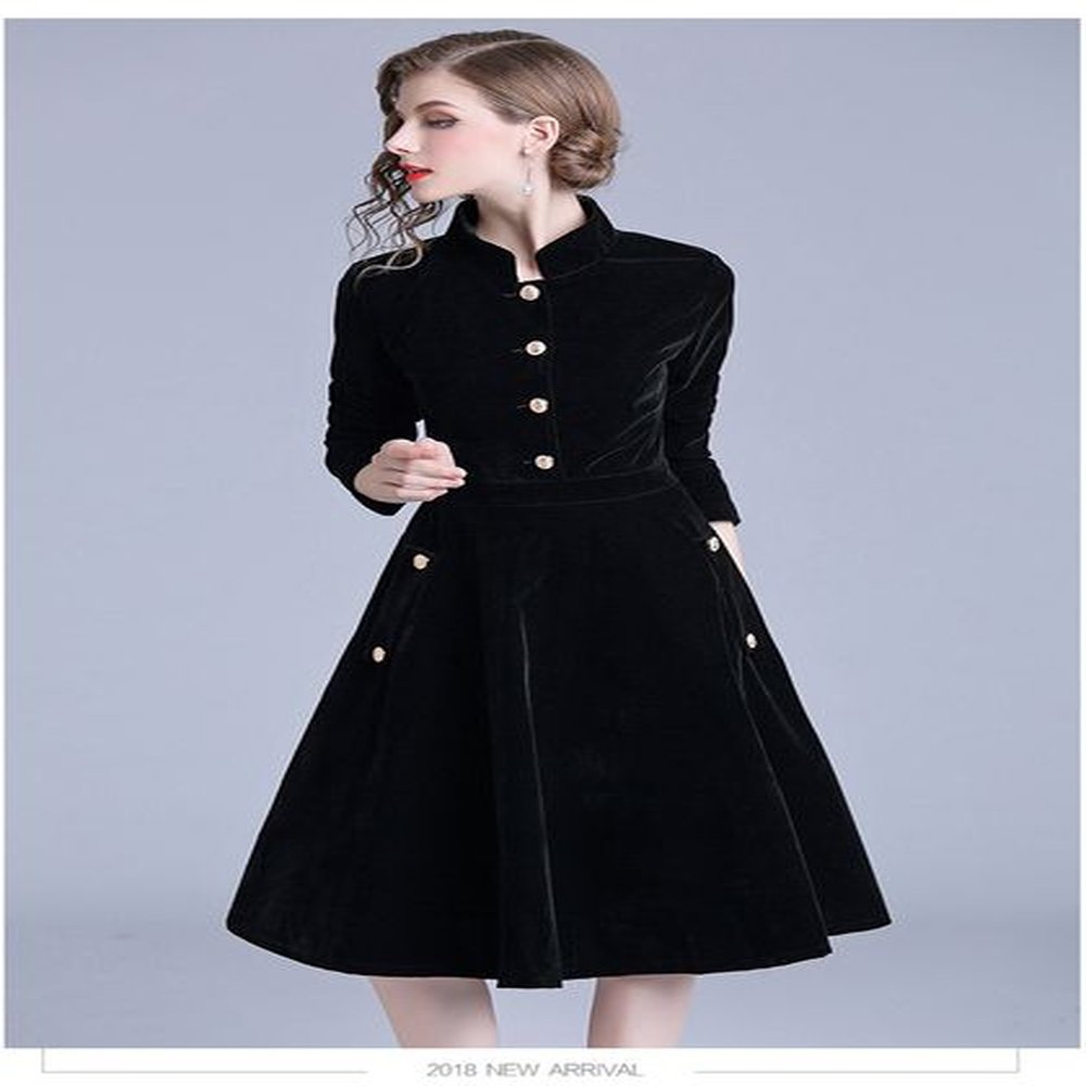 new black vintage dress women elegant slim long sleeved
