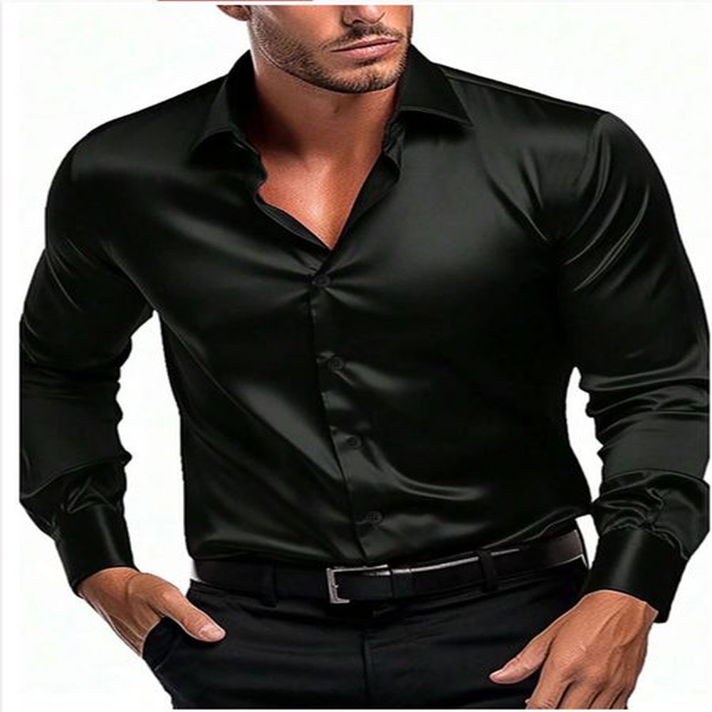 New business gentleman social fashion design shirt top Mens satin party slim fit dress shirt long sleeve dress wedding blouse top black whit