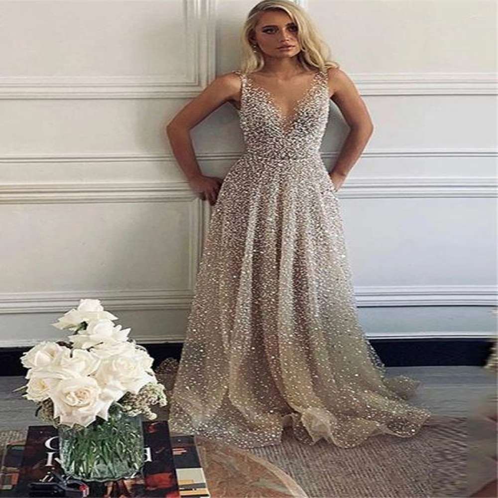 new casual dresses gold sequins beads prom sleeveless vneck ae