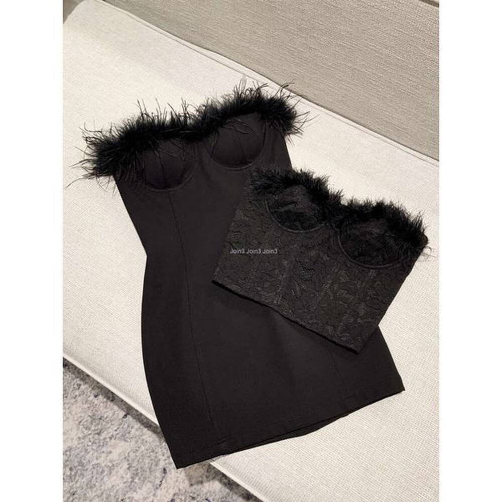 new design womens sexy ostrich fur patched tube top strapless