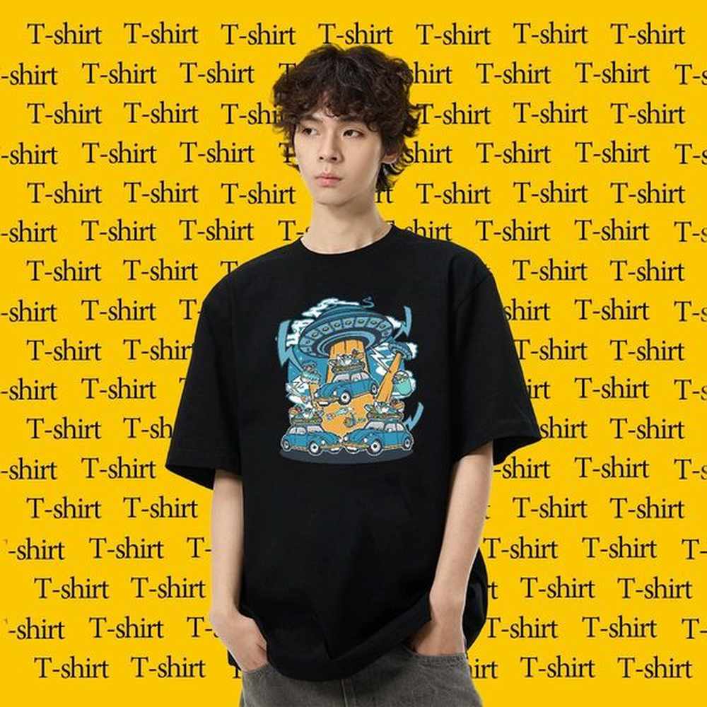 New Designer Men T Shirts UFO Tees 230g Pure Cotton Street Loose Fit Plus Size Cartoon Breathable Crew Neck Tshirt for Man Woman