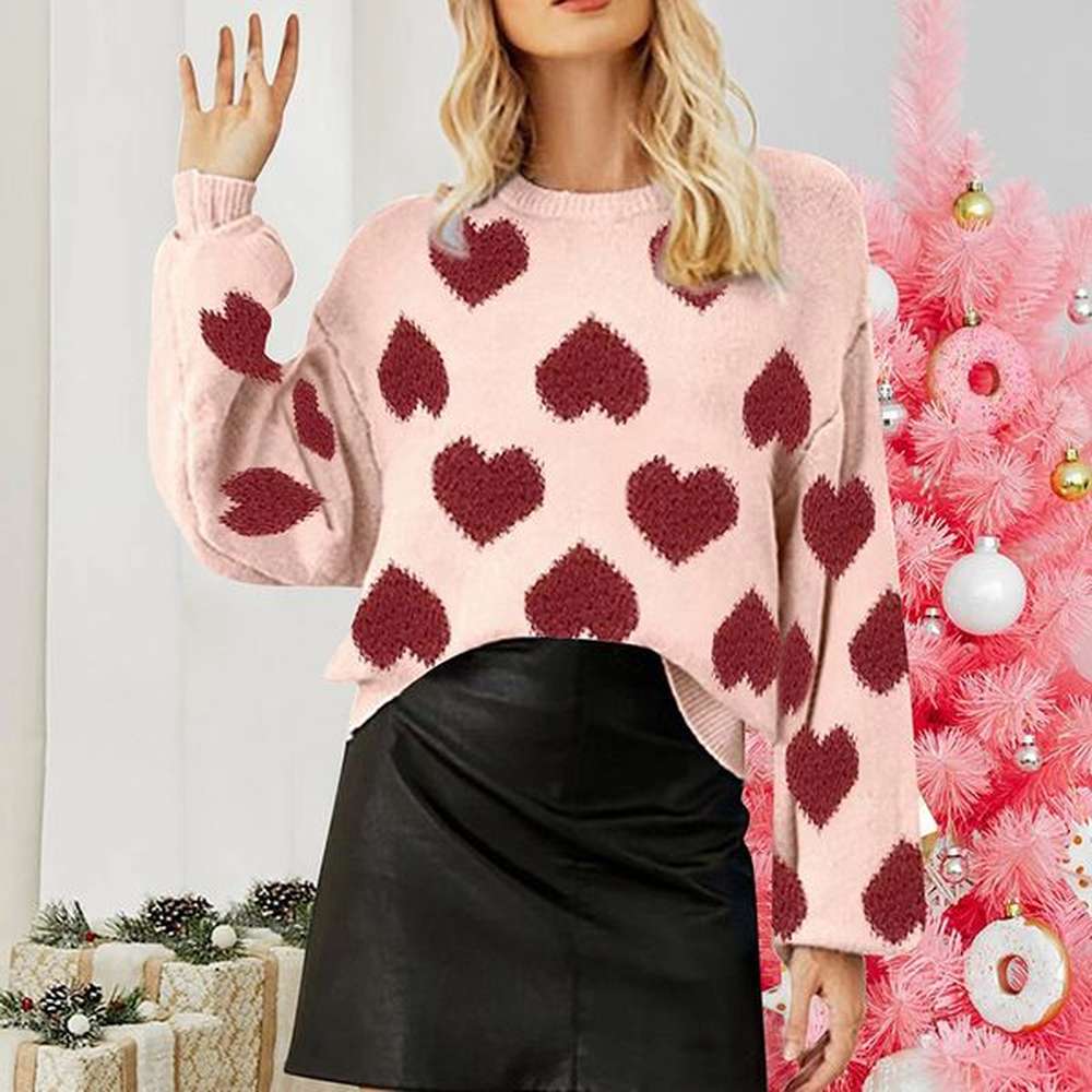 new fashion puffed sleeve pink short sweater for women casual