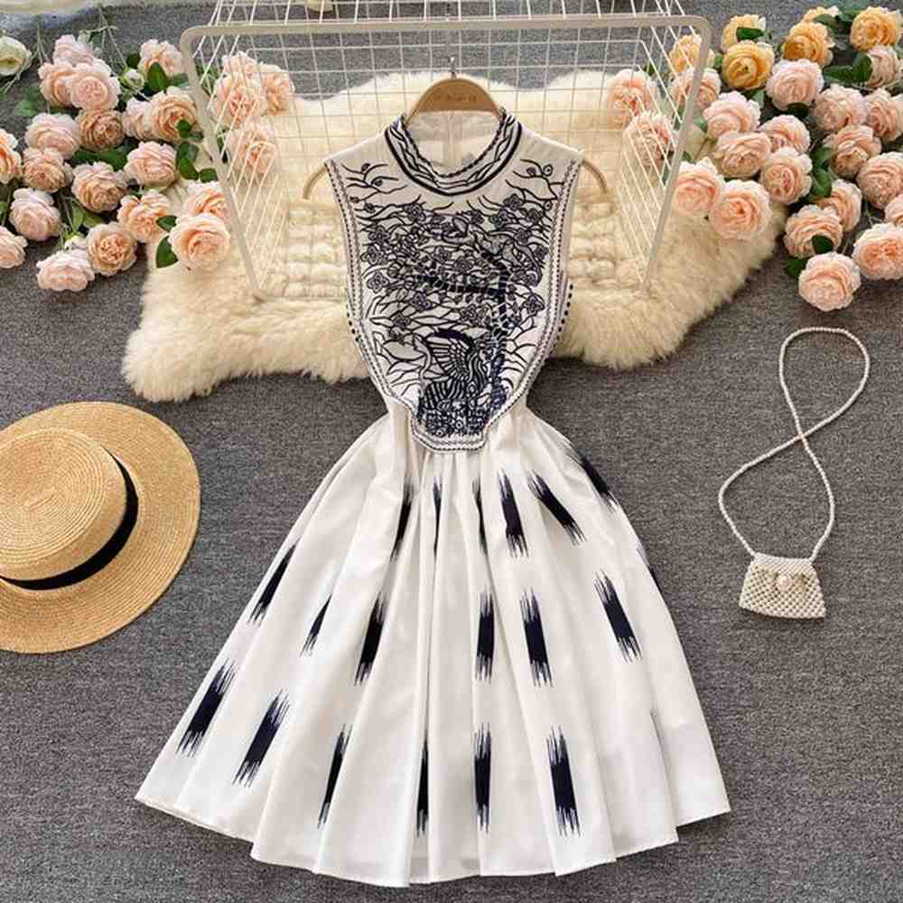 new fashion runway summer dress womens sleeveless stand collar floral