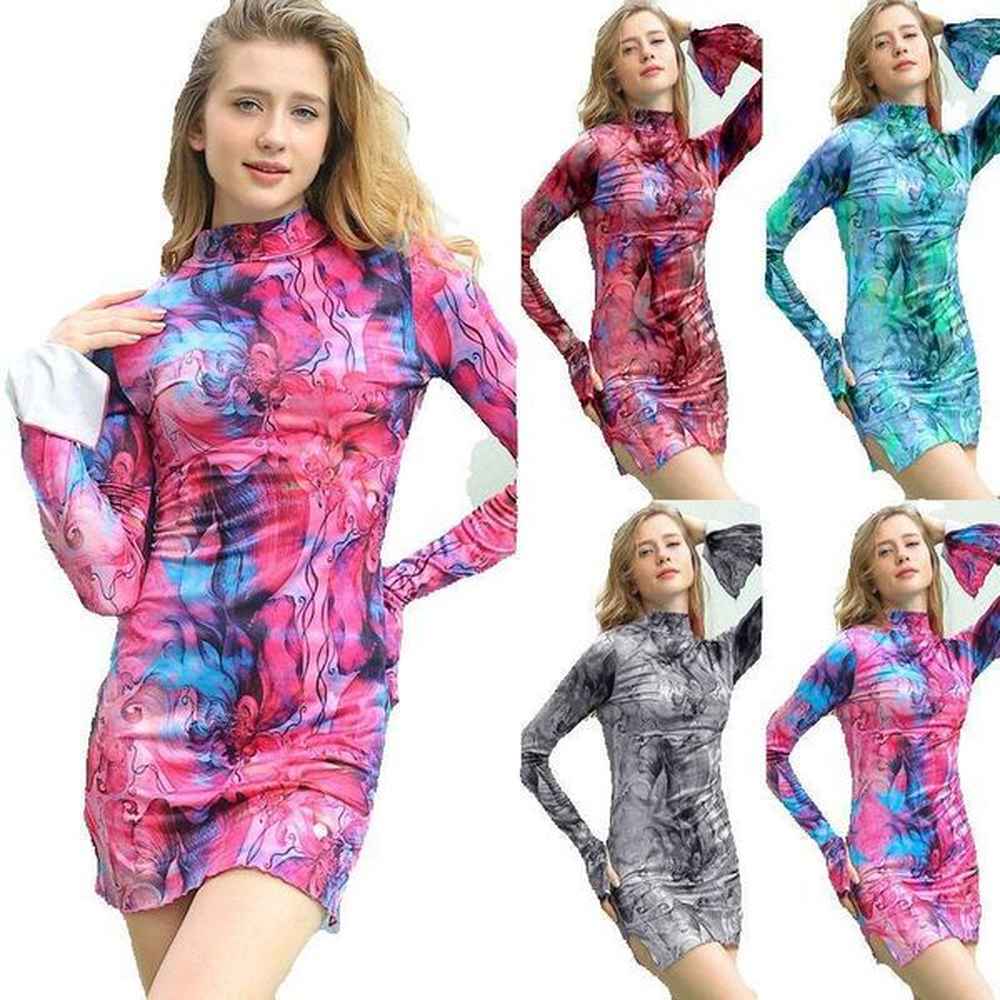 new fashion womens sexy long sleeved half high neck printed