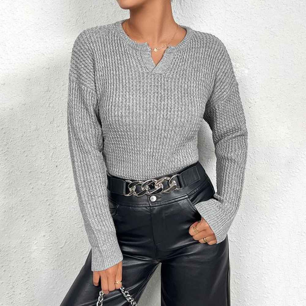 new fashionable solid color vneck pullover long sleeved versatile knitted