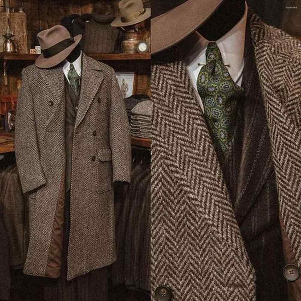 2024 New Herringbone Pattern Tweed Long Jacket Slim Fashion Design Jackets Winter Men's Clothing Casual Business