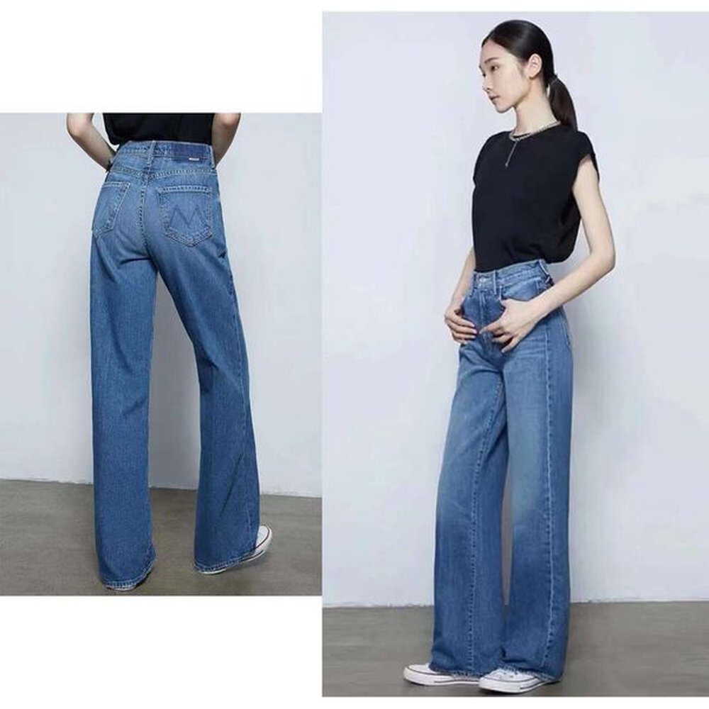 new highwaisted wideleg straight women jeans solidcolor embroidered letter