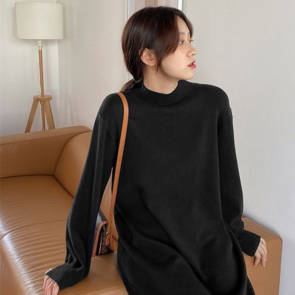 new loose half turtleneck plus velvet thickened knitted dress for