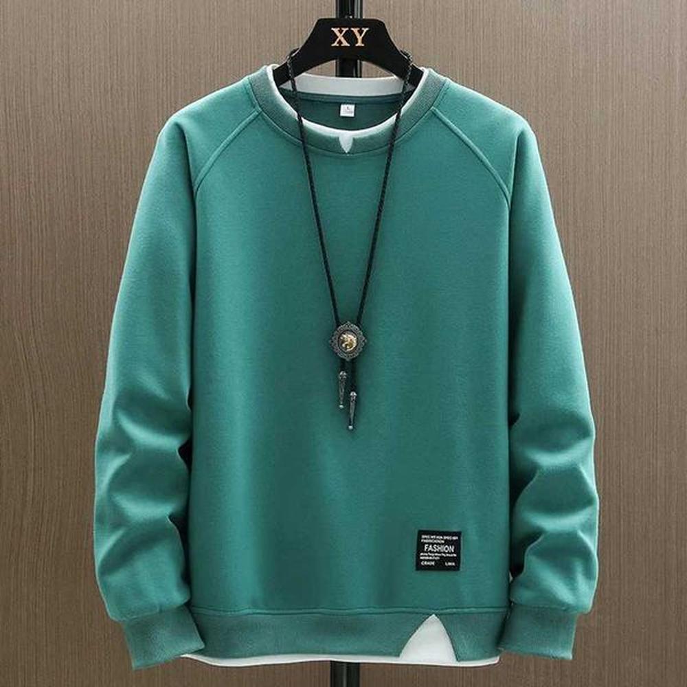 2024 New Mens Casual Sweatshirts Harajuku Solid Color Fashion Fake Two Pieces O-Neck Sweatshirt Hoodies Hip Hop Male StrtwearC241211