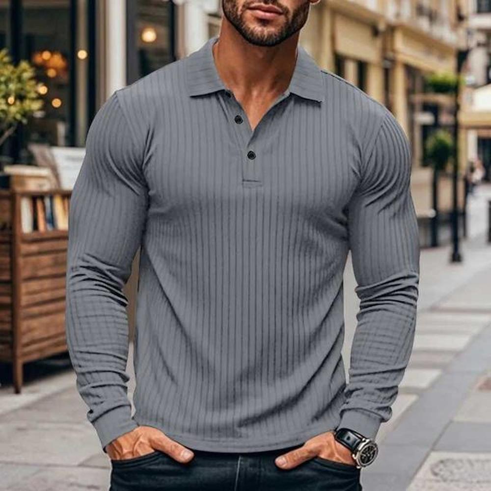 New mens long Sve button solid color floral knit T-shirt W241106
