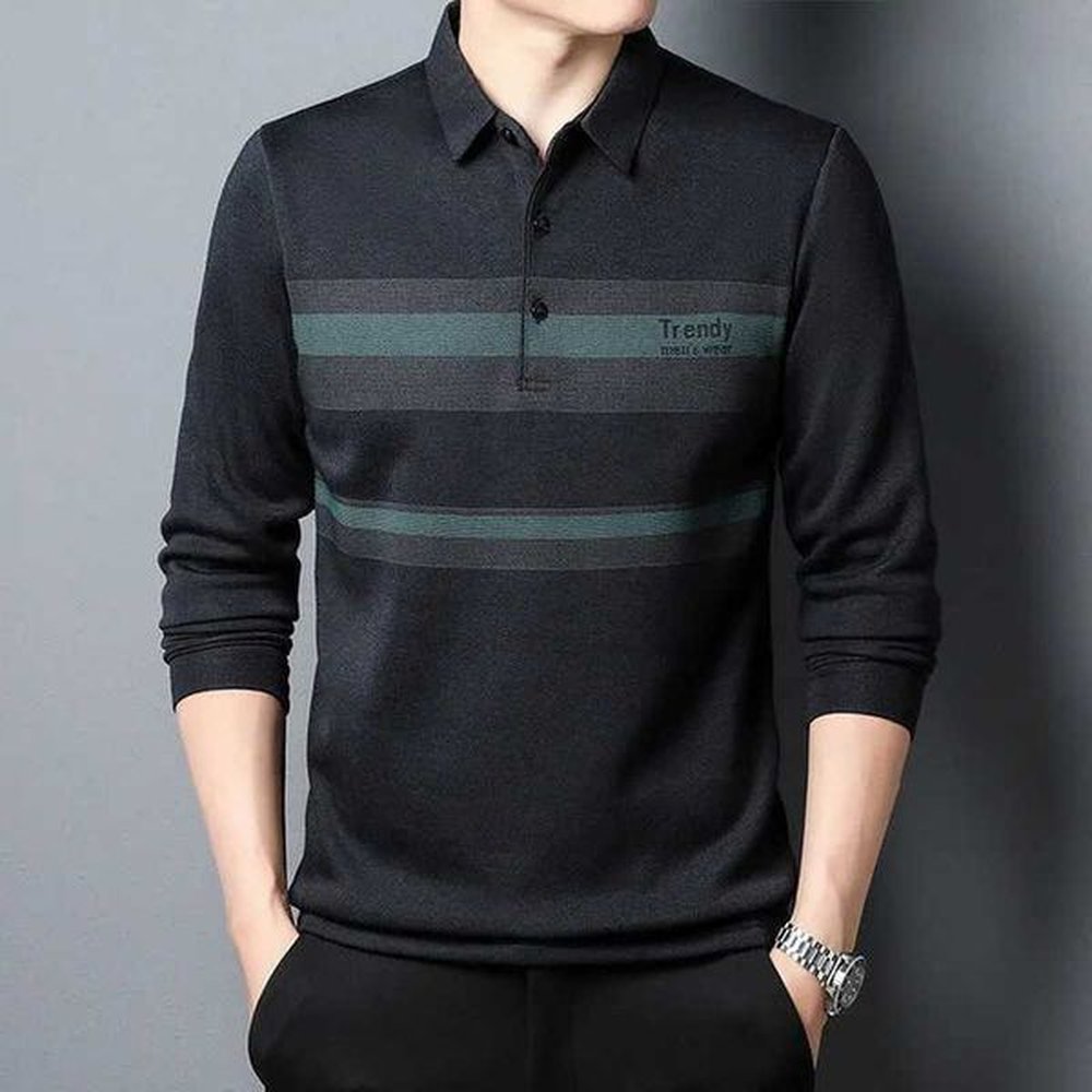 New Mens Spring Wear Polo Collar Striped Long Sleeved Top Autumn Loose Casual Business Commuter Versatile Bottom T-shirtX240912