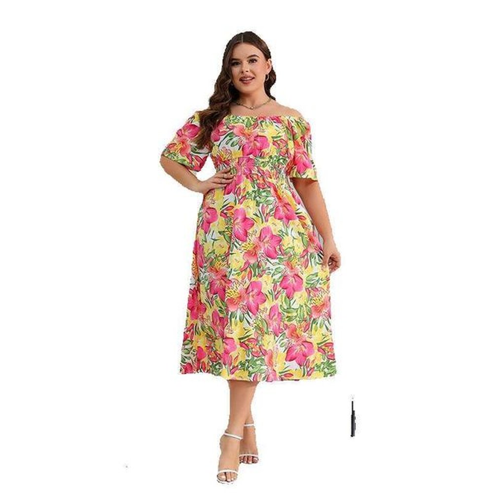 new oversized stylish one line neckline floral temperament mid length