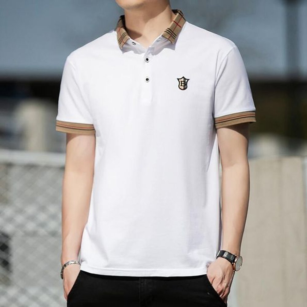 New POLO Shirts Men Business Slim Short Sleeve Plaid Lapel Patchwork T-shirt High Quality Clothing Letter Embroidery Vintage Casual Tops