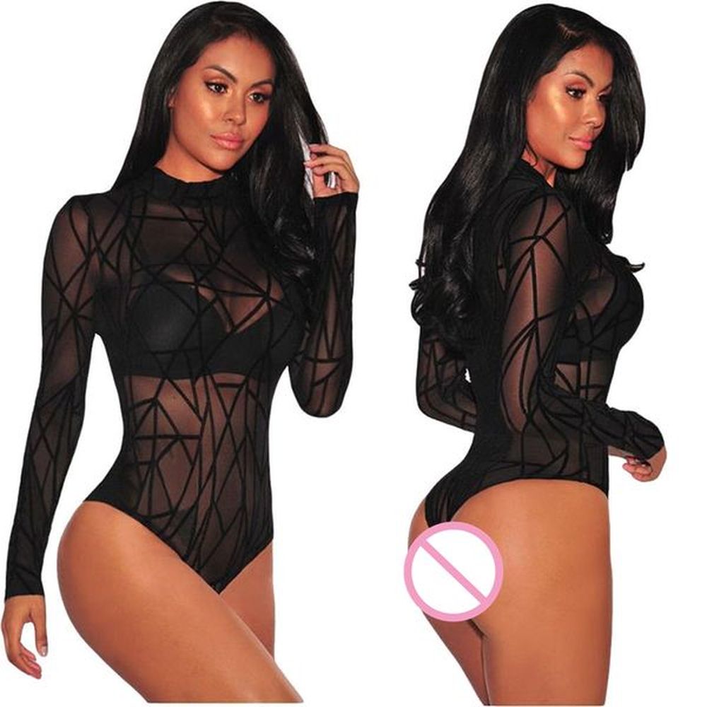 new sexy solid mesh sheer skinny bodysuit women autumn