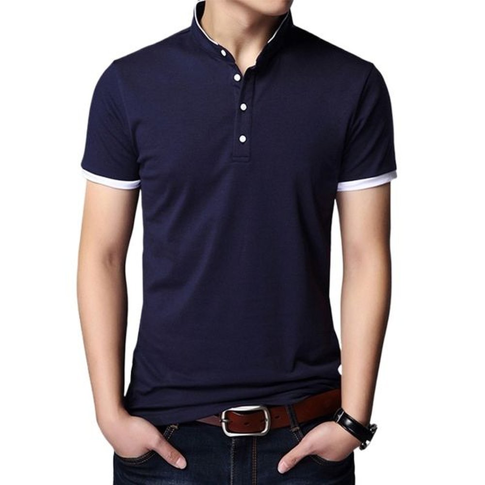 2021 New Short For Men, Solid Color Stand Up Collar Half Sleeved Polo Shirt, Trendy Casual Summer Slim Fit Men's T-Shirt
