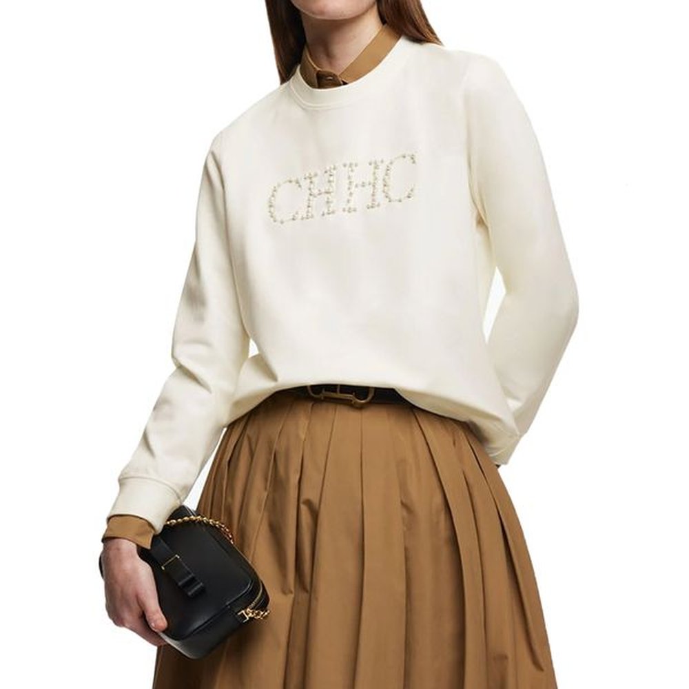 new simple pearl embroidered top womens beige loose long sleeve