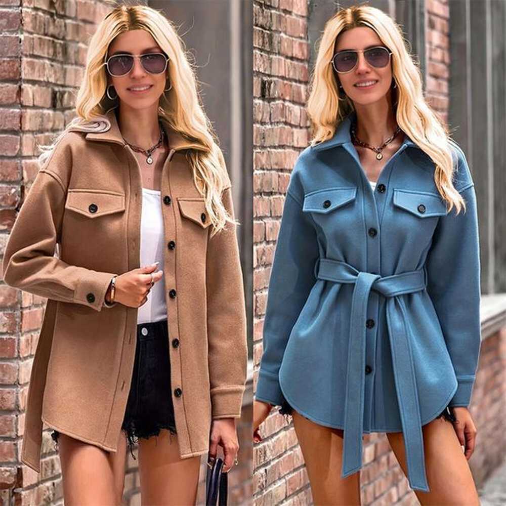 new solid color collar pocket button long sleeve loose