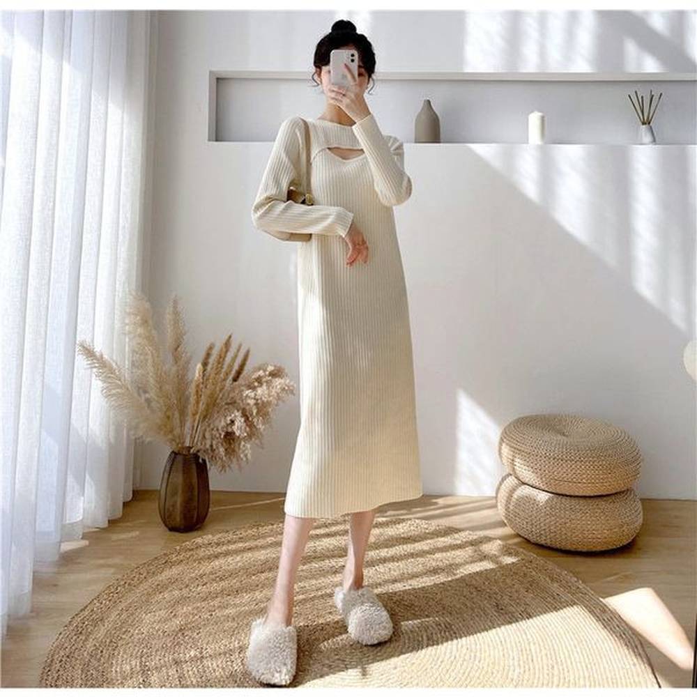 new solid color midlength sweater dress round neck casual