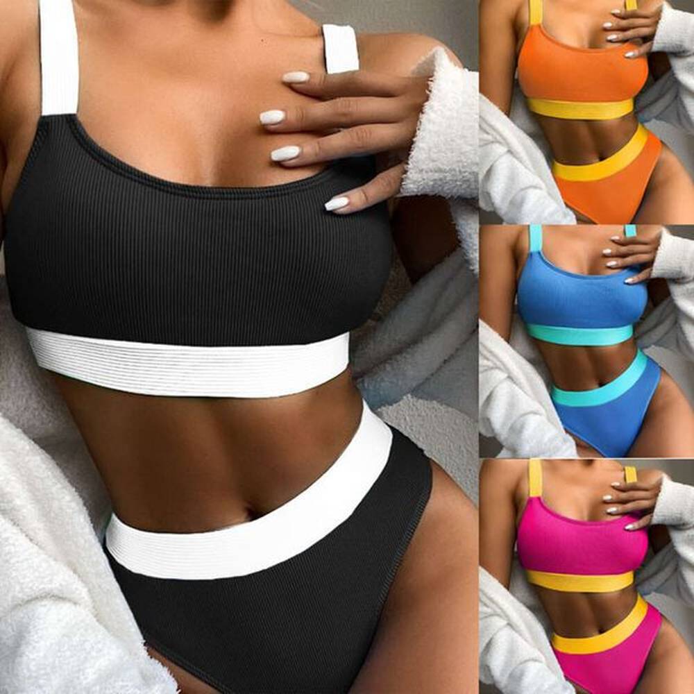 new split high waist solid color bikini womens swimsuit