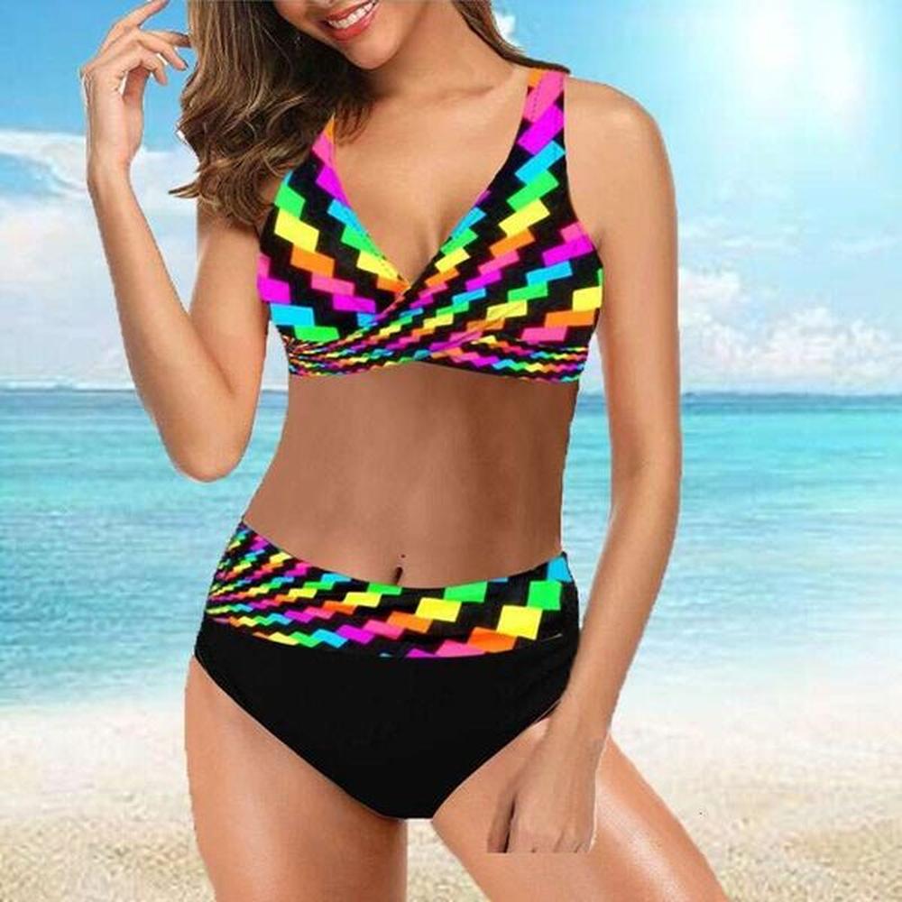 new split large waist rainbow stripe multi color bikini