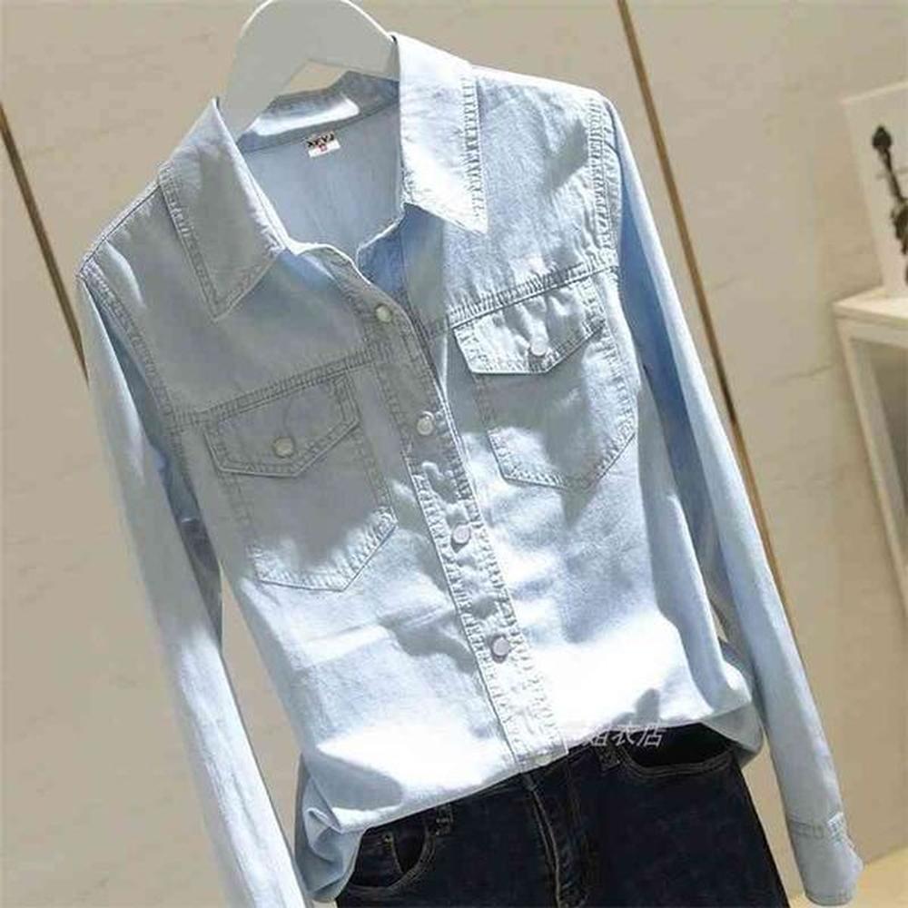 new spring autumn women long sleeve turndown collar denim shirts