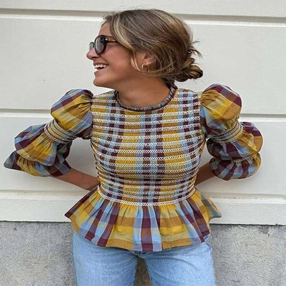 new spring retro slim fit plaid pleated top fashion woman