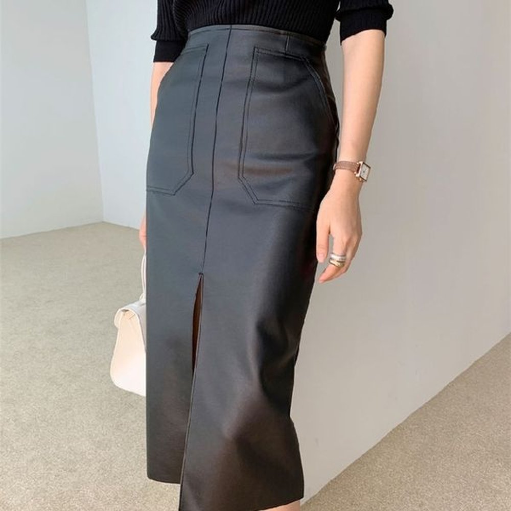 new spring women pu leather skirts high waist pockets package