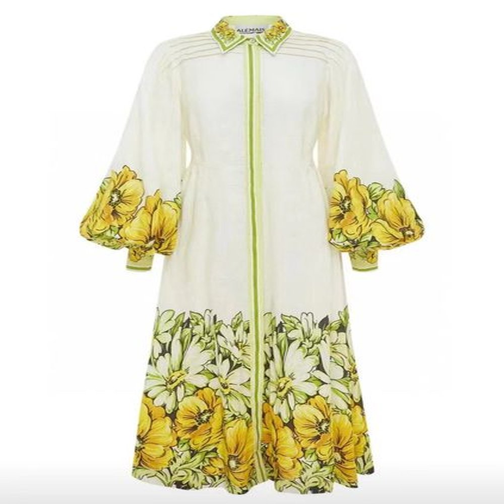 new springsummer gradient yellow print flax lapel lantern long