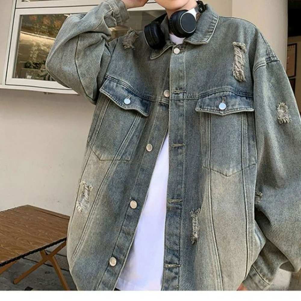 new style wind blown hole washed old denim jacket designer
