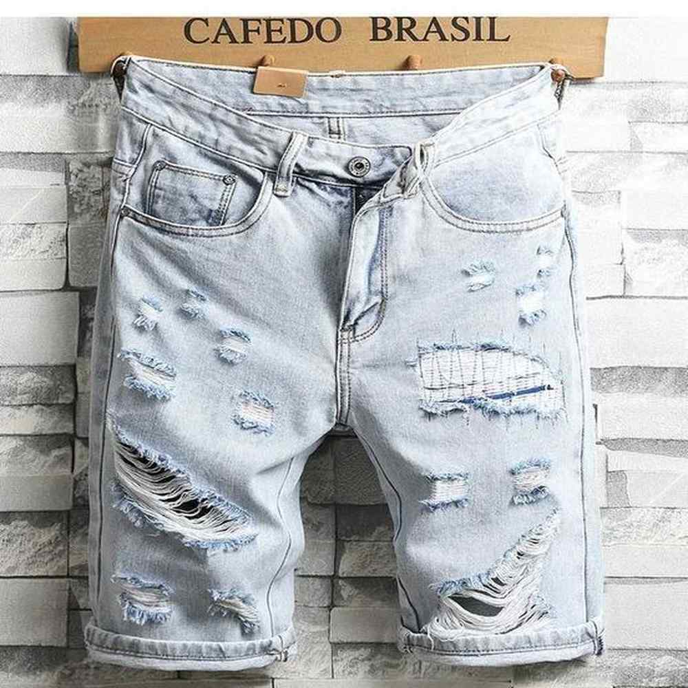 New Summer Men Holes Denim Shorts Light Blue Short Jeans Good Quality Men Knee Length Jeans Shorts Large Size Straight JeansXJ241206