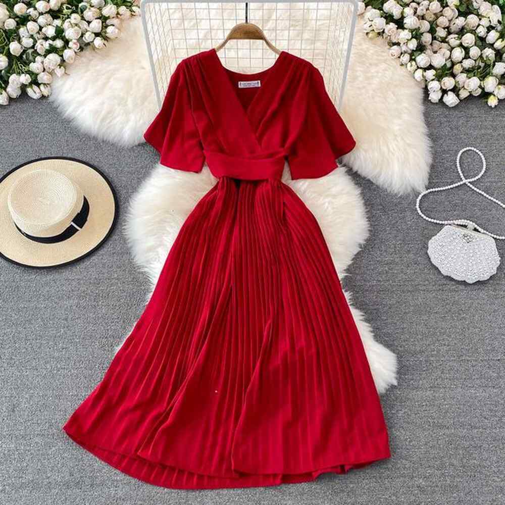 new summer vneck short sleeved dress knee length slim fit
