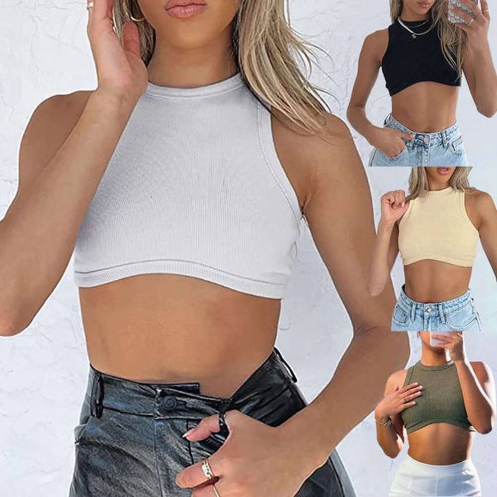 new summer womens solid color small pit stripe round neck