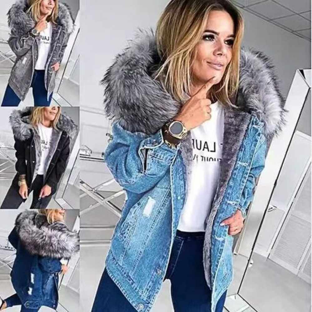 new top womens jacket black denim coat winter warm loose