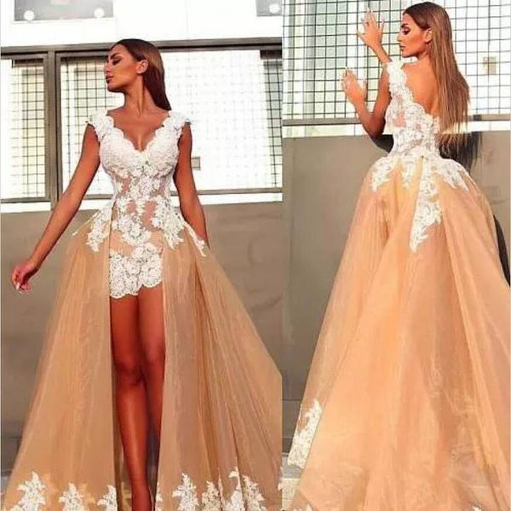 new vintage wedding dresses with detachable train v neck white