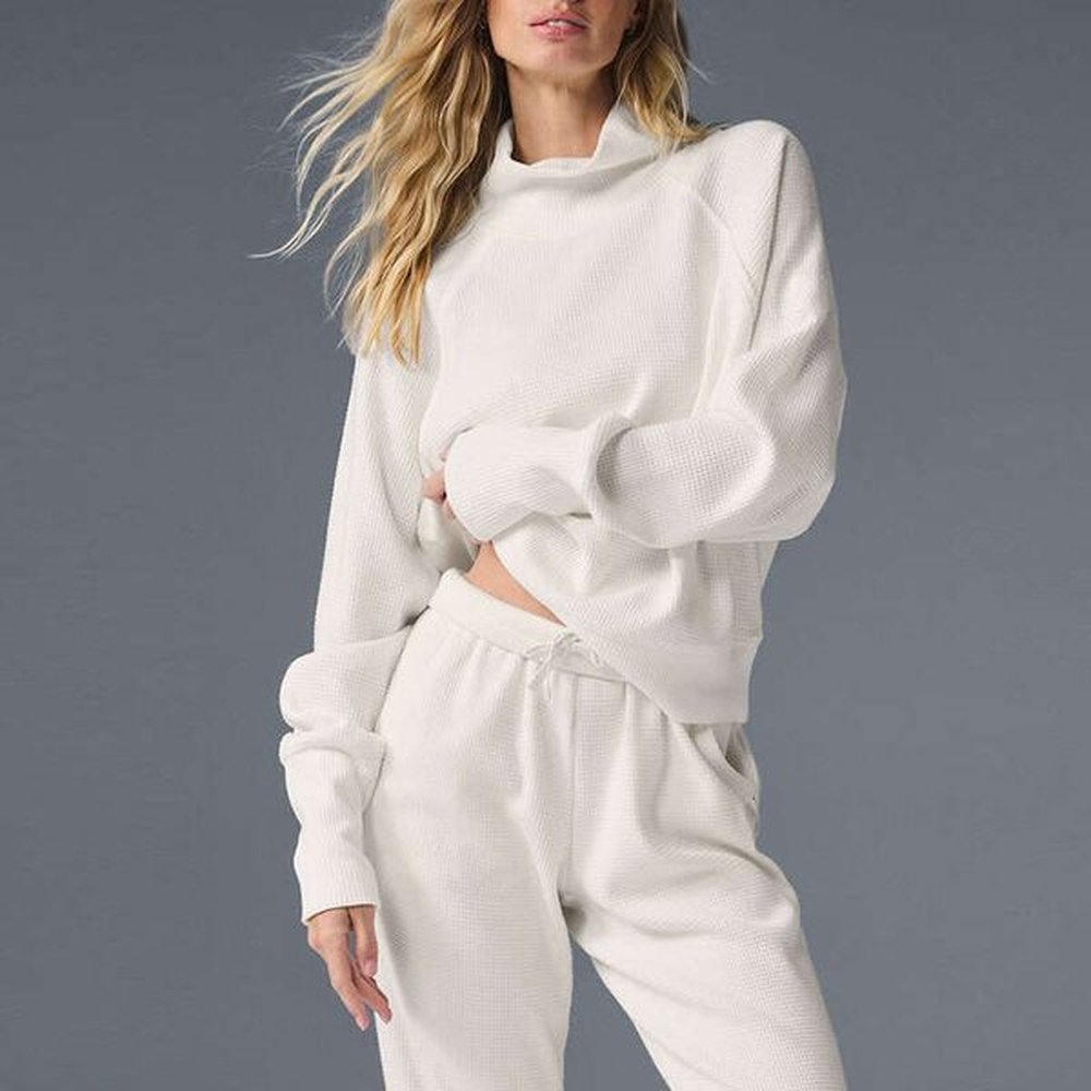 new waffle collar hoodie long sleeve high waist casual versatile