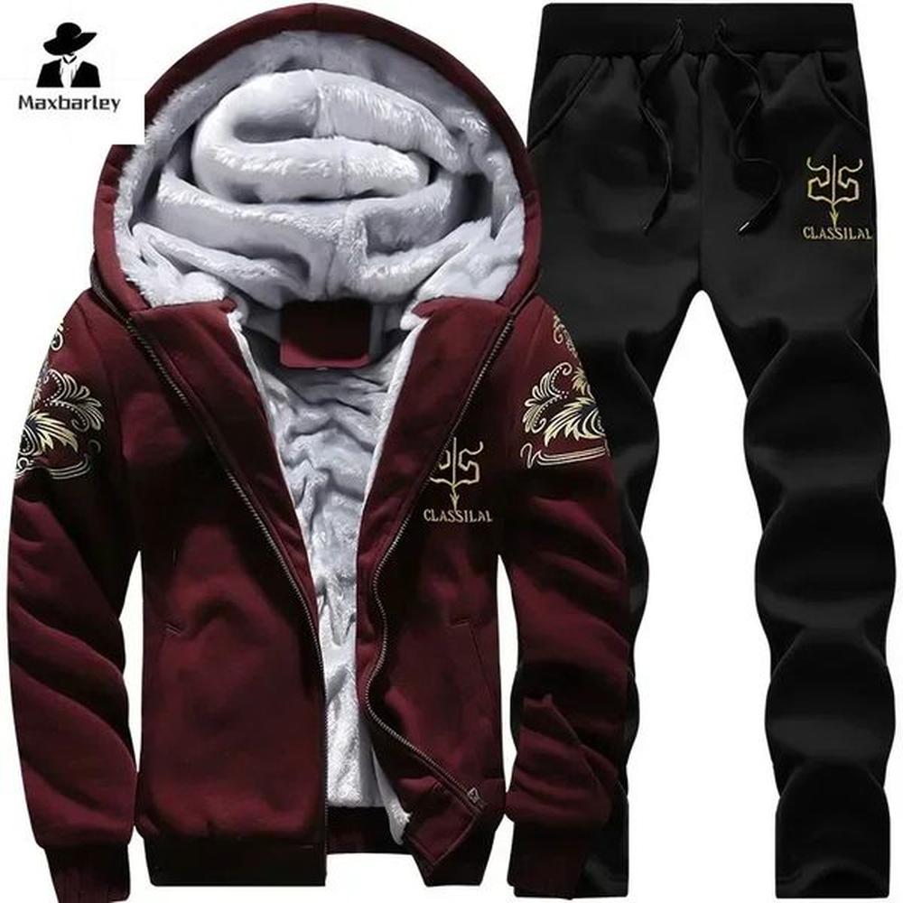 2024 New Winter Thick Sports Suit Tracuit Sportswear Zipper Cardigan Hooded Woolen Trousers Pants Casual Men Set